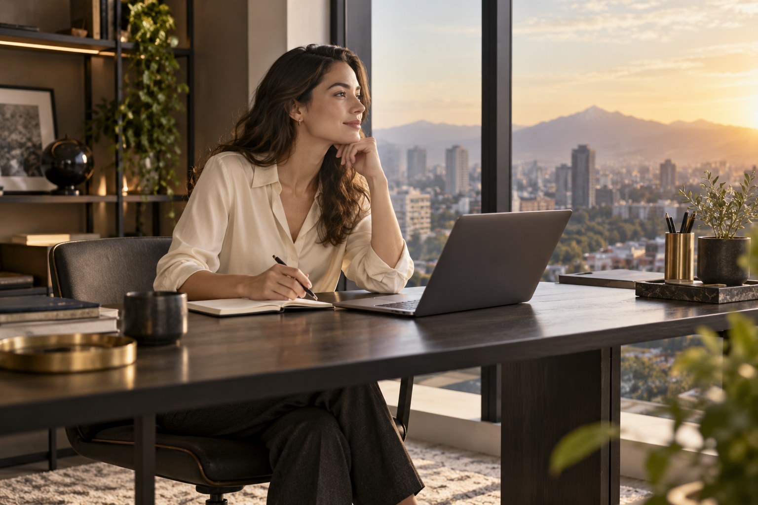 Conceptual portrait of a professional reflecting on her next chapter in a sunlit workspace