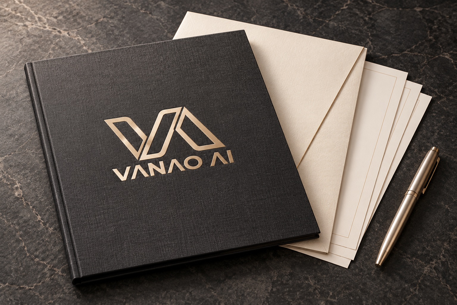 Premium portfolio with the complete VANAO AI logo, photographed on graphite stone